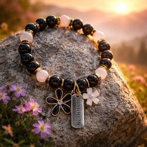 Black Tourmaline & Rose Quartz Bracelet with Flower & Warrior Charms